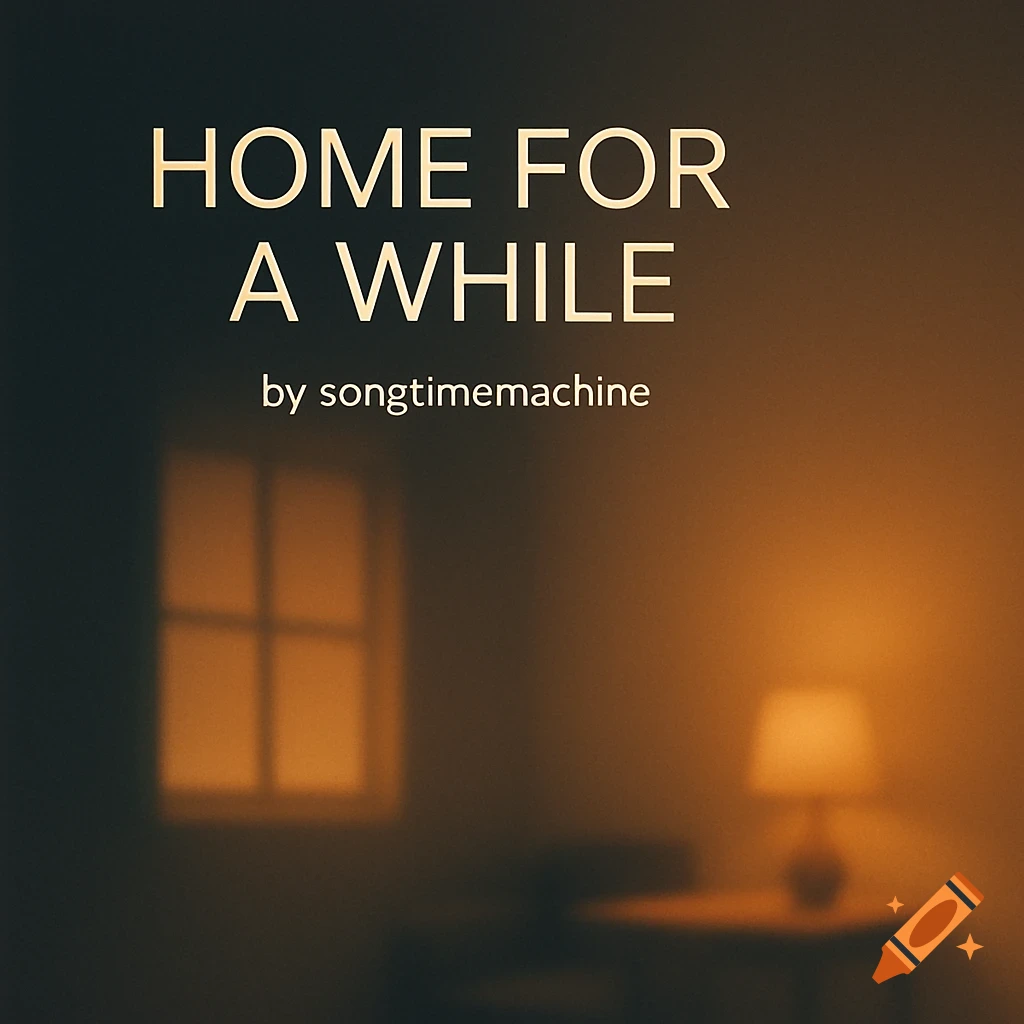 Minimalist album cover with text "HOME FOR A WHILE by songtimemachine" in a warm, dimly lit room with a blurred window and lamp.