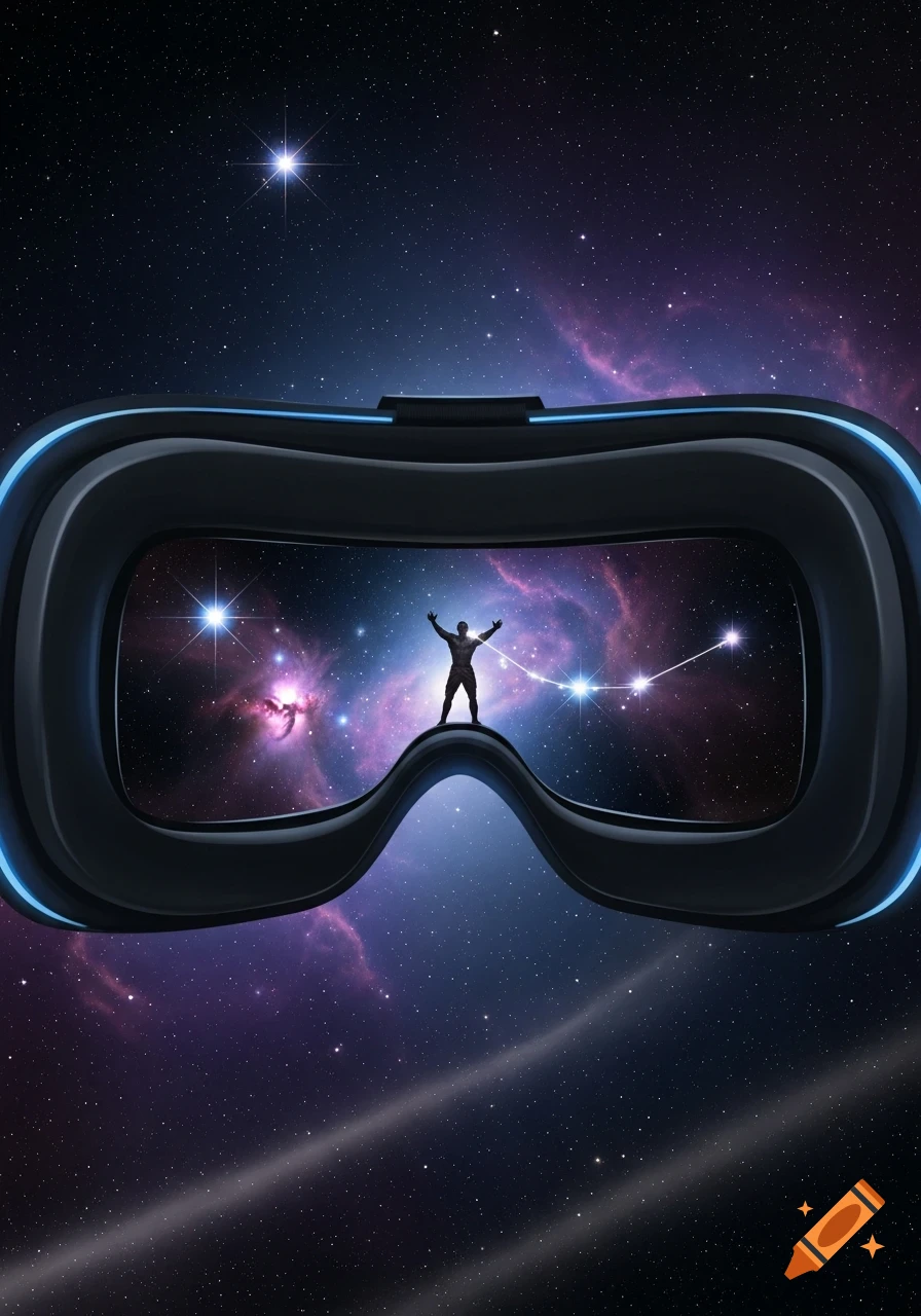 A black VR headset with blue trim frames a view of a vibrant purple nebula, stars, and a silhouetted person with raised arms.