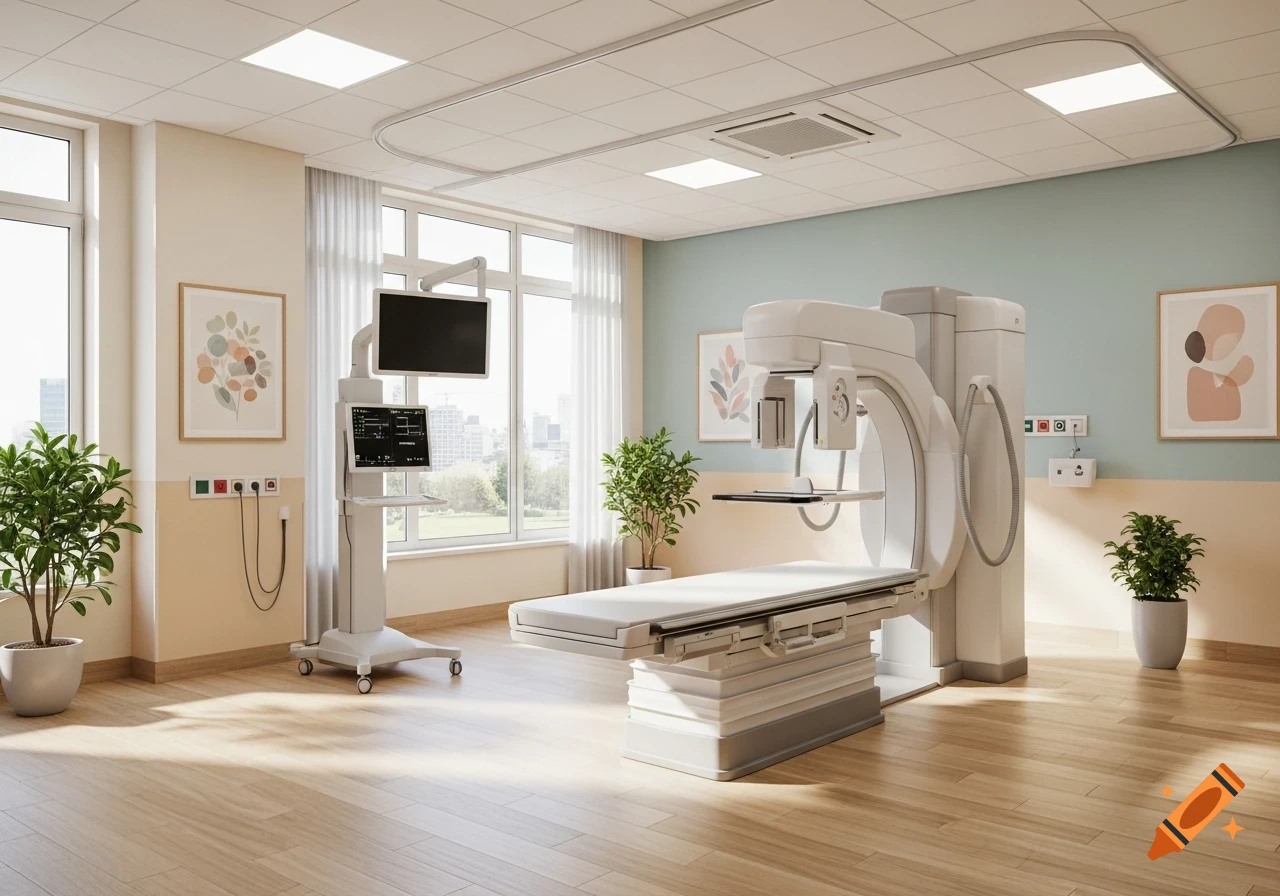 Bright, modern hospital room with a mobile digital radiography unit, patient bed, monitor, and large windows, in a photorealistic style.