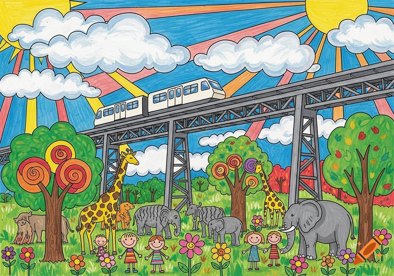 A colorful, childlike drawing of a sunny zoo scene with children, giraffes, elephants, flowers, trees, and a monorail overhead.