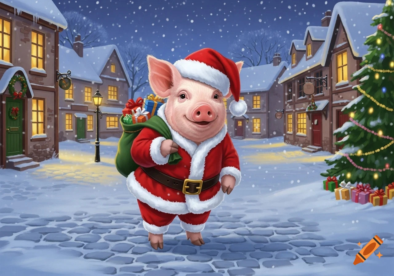 A happy cartoon pig dressed as Santa Claus carrying a sack of gifts, standing in a snowy village street at night.