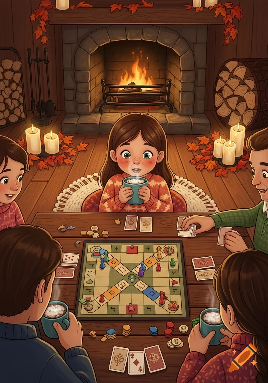 An illustrated family, including a girl drinking hot cocoa, plays a board game by a fireplace in a cozy, autumn-themed room.