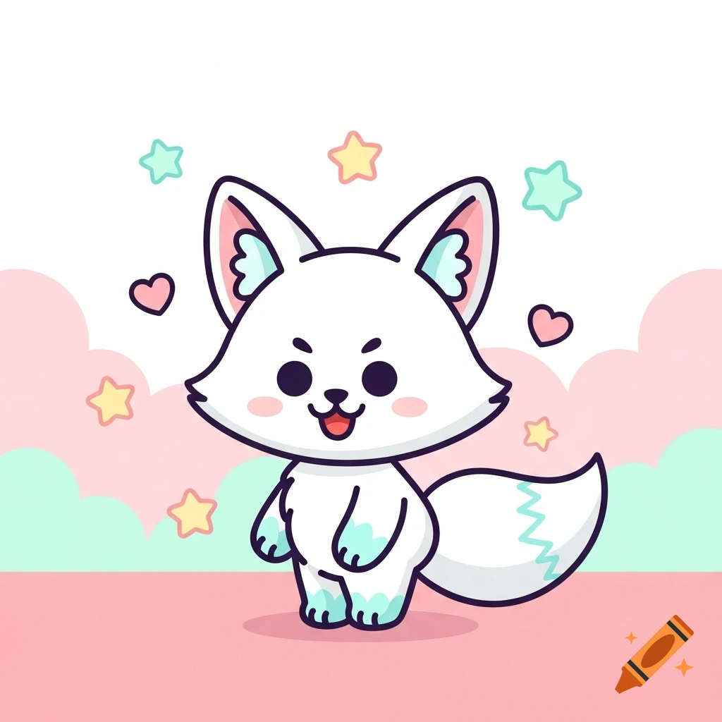 Cute white cartoon fox with large ears and a happy expression, surrounded by stars and hearts on a pastel pink and green background.