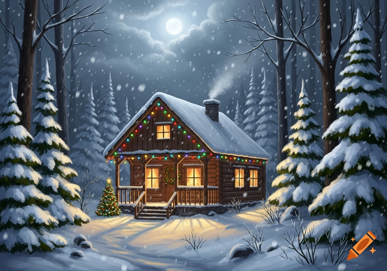 A cozy log cabin adorned with colorful Christmas lights nestled in a snowy forest under a full moon, with snow falling.