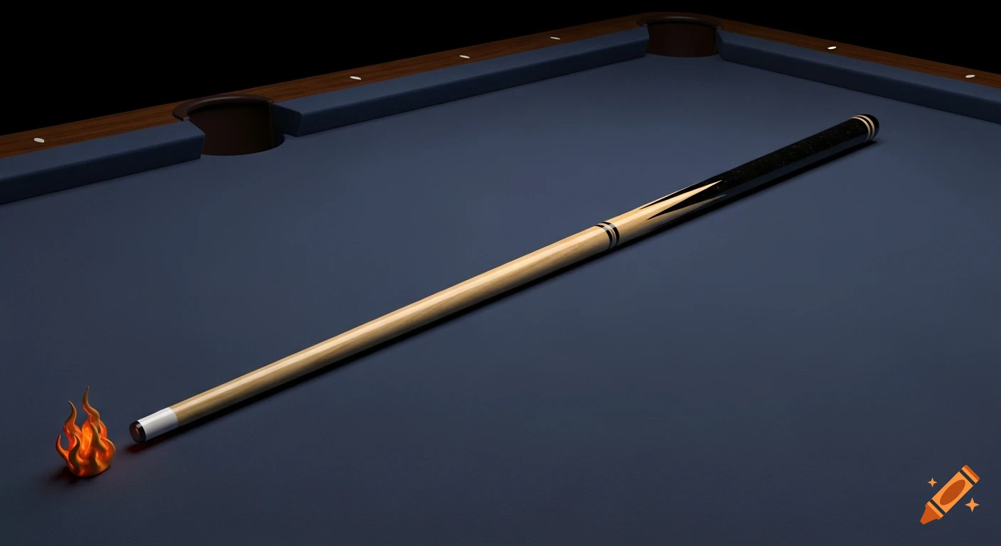 A 3D render of a pool cue with a small fire elemental at its tip, lying on a dark blue billiards table.