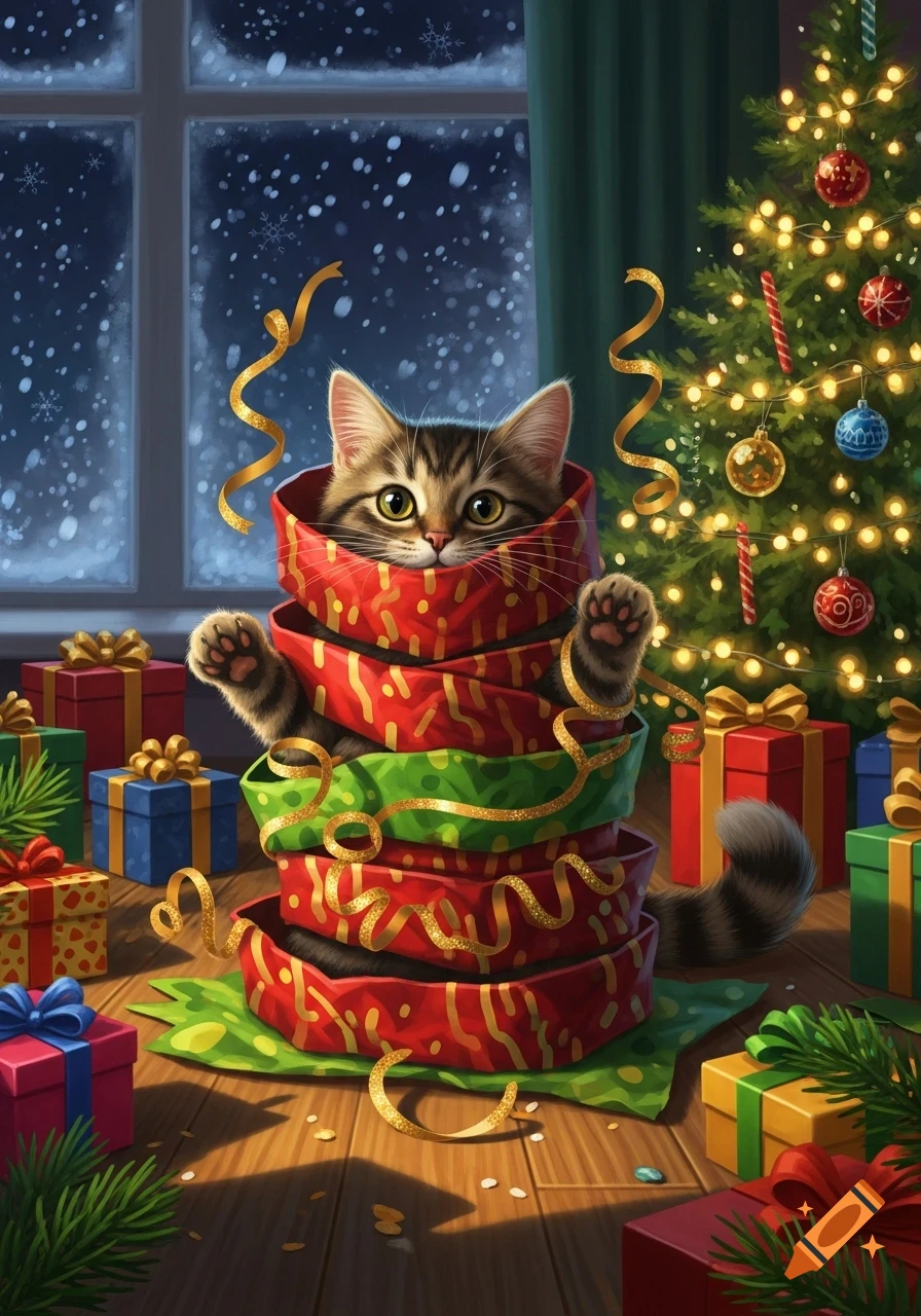 A cute tabby cat peeking out of red and green Christmas wrapping paper, surrounded by festive gifts and a lit Christmas tree.