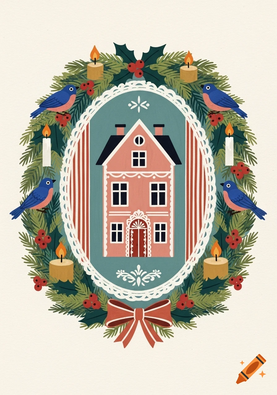 Scandinavian folk art Christmas wreath illustration with a pink house, fir branches, red berries, blue birds, candles, and a red bow.