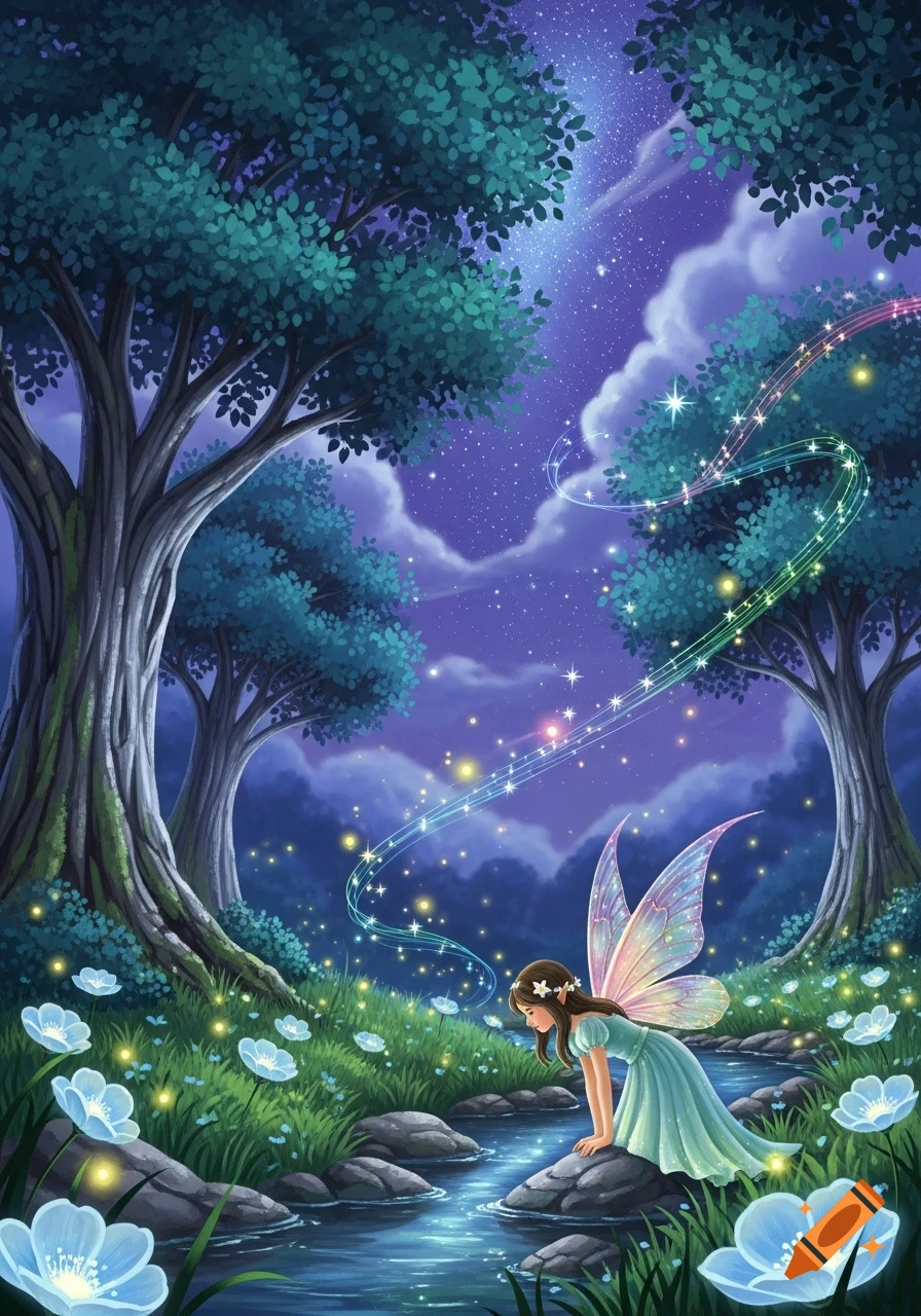 A whimsical illustration of a fairy with iridescent wings bending over a stream in a glowing forest at night, under a star-filled sky.