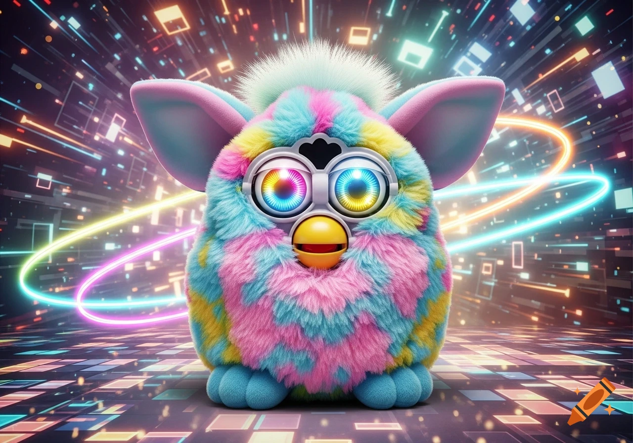 A colorful Furby toy with bright, glowing eyes against a dark background with neon lights and digital patterns.