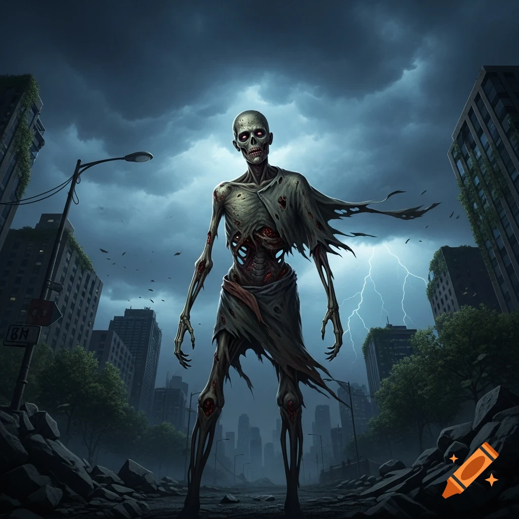 A skeletal zombie husk with glowing red eyes stands in a desolate, ruined city under a stormy sky with lightning.