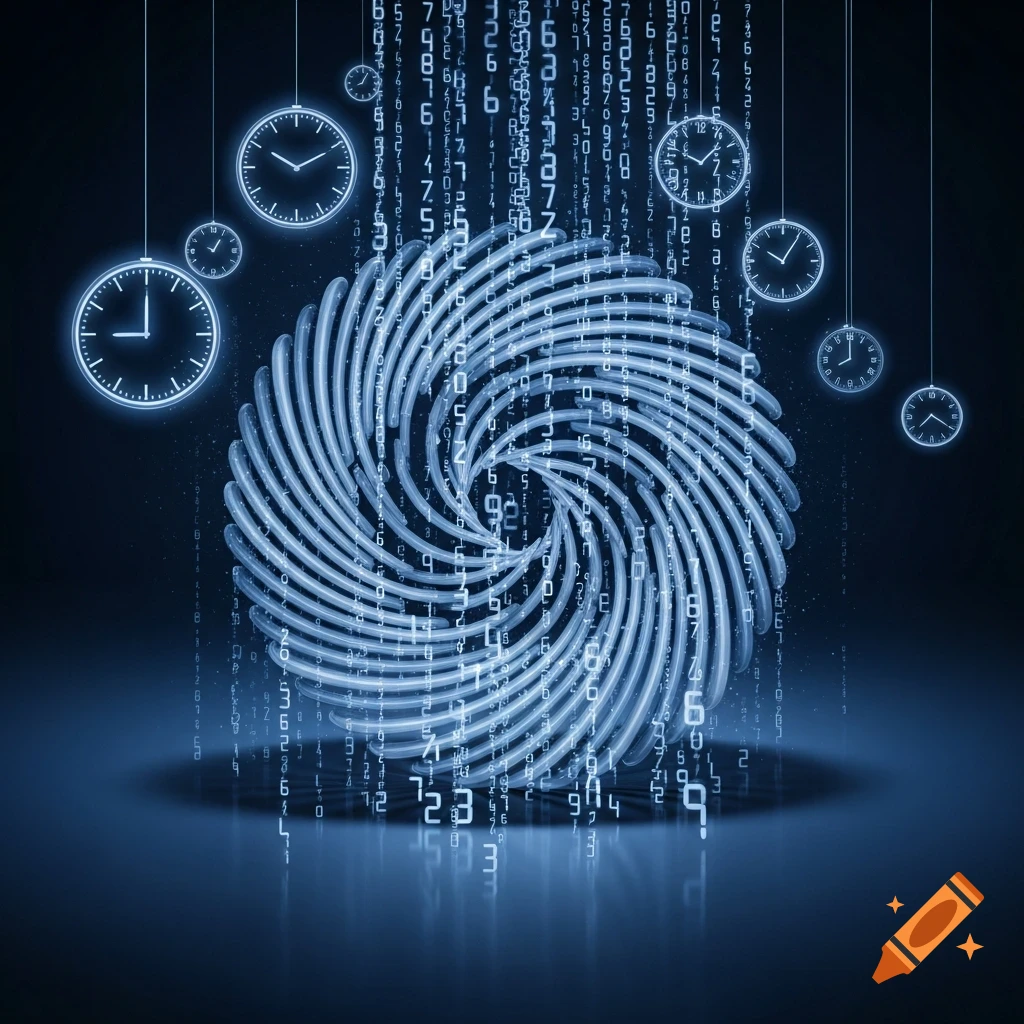 A glowing blue spiral pattern is surrounded by hanging clocks and streams of falling digital numbers on a dark background.