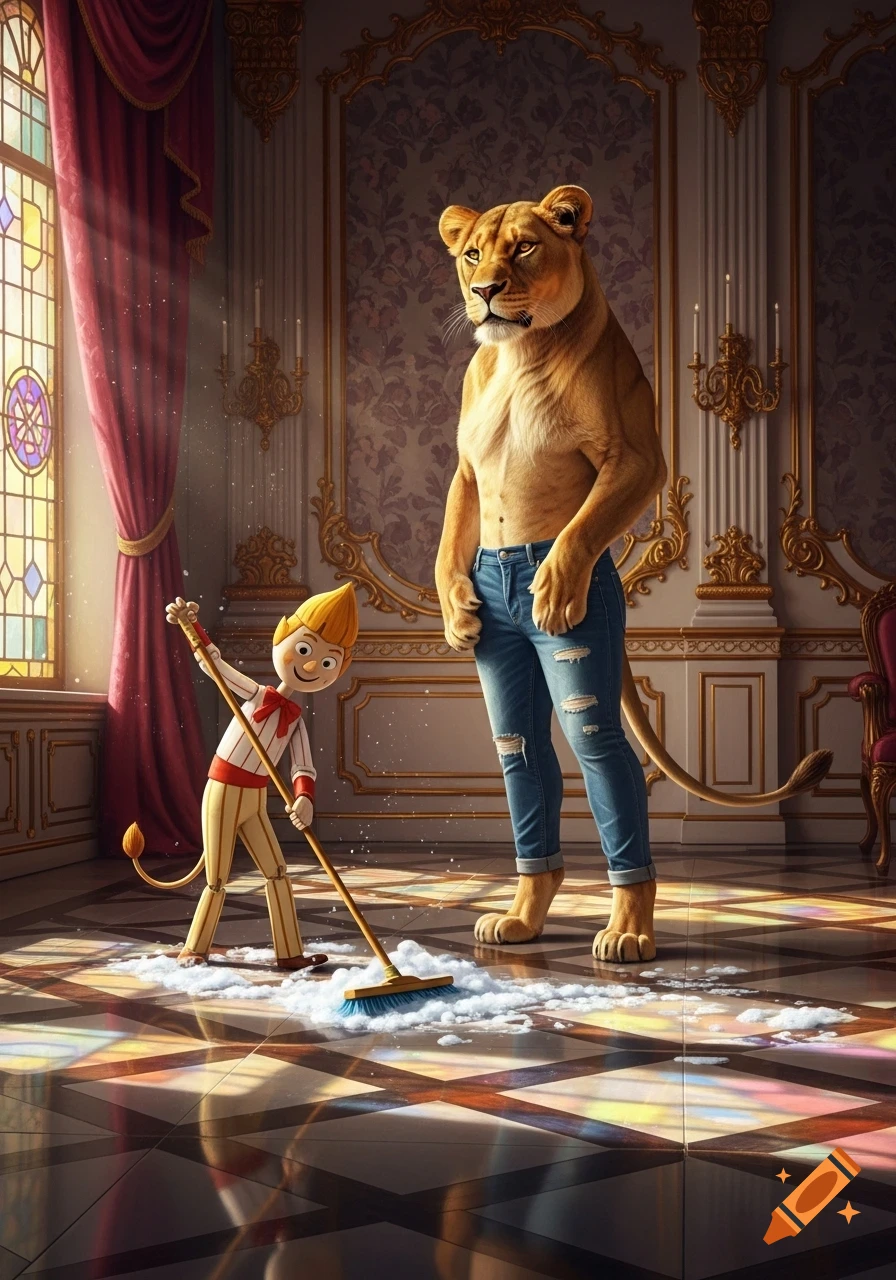 A muscular lioness in ripped jeans watches a Pinocchio-like character mop a grand, ornate room with stained glass windows.