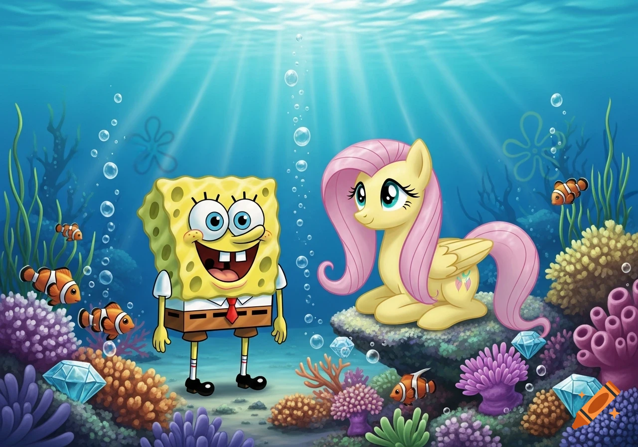 Spongebob Squarepants and Fluttershy from My Little Pony underwater, surrounded by coral, clownfish, and diamonds.