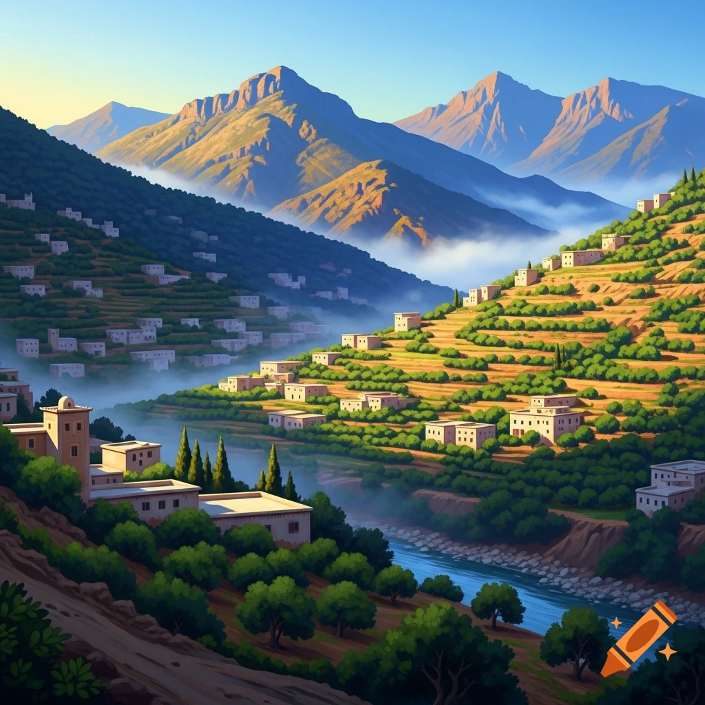 A vibrant village with white terraced houses nestled into green hillsides, a river flows through a valley, and misty mountains rise in the background under a clear sky.