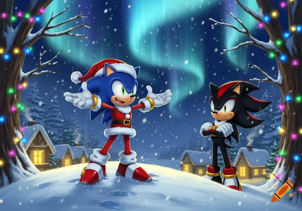 Sonic the Hedgehog in a Santa suit stands with Shadow the Hedgehog in a snowy village under the Northern Lights.