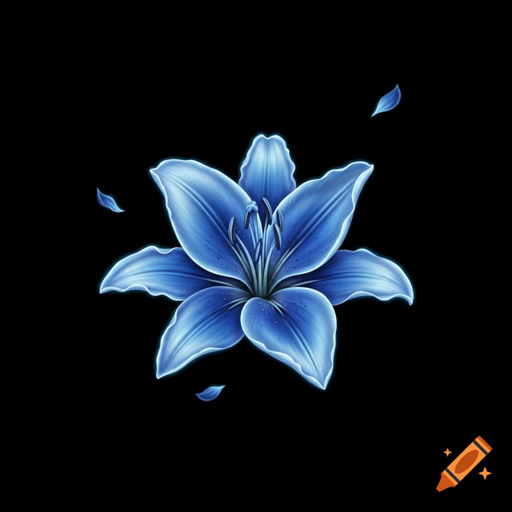 A glowing blue lily flower with intricate details and a few detached petals against a solid black background.