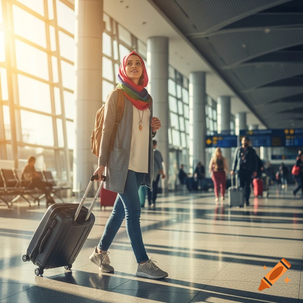 A stylish woman in a colorful hijab and modern outfit rolls a suitcase through a bright, busy airport terminal. Photorealistic.