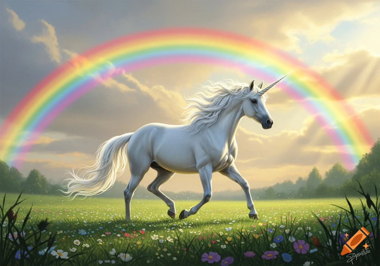 A white unicorn with a flowing mane trots through a vibrant green meadow filled with wildflowers under a large, colorful rainbow and a golden sky.