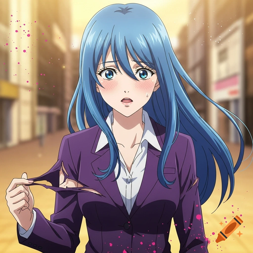 Anime girl with blue hair in a torn purple suit looks embarrassed, with pink splatters in the background.