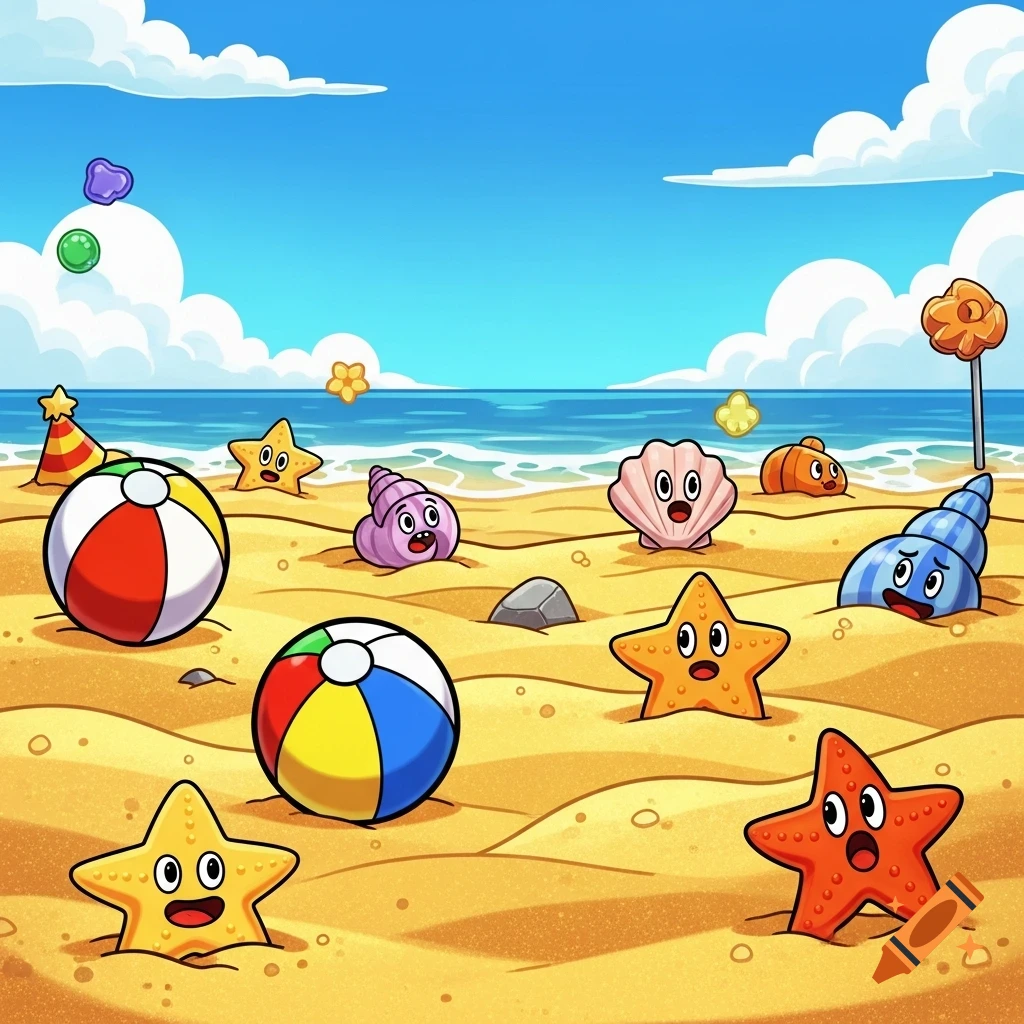 Vibrant cartoon illustration of smiling starfish, shells, and beach balls on a sunny sandy beach with the ocean and blue sky in the background.