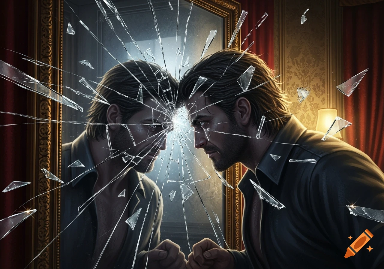 Dramatic illustration of a man shattering his reflection in an ornate mirror, with glass fragments flying around the impact point.