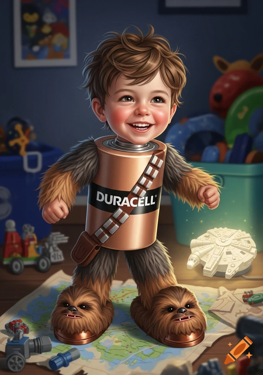 Smiling toddler in a Chewbacca and Duracell battery costume, fuzzy Chewbacca slippers, among toys on a map.