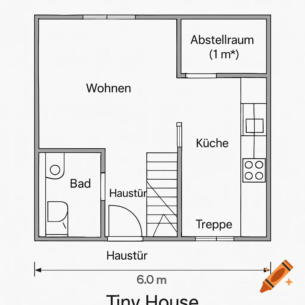 Top-down view of a black and white architectural floor plan for a tiny house, showing rooms like Wohnen, Bad, Küche, Treppe, Abstellraum, and Haustür, with a 6.0 m width dimension.
