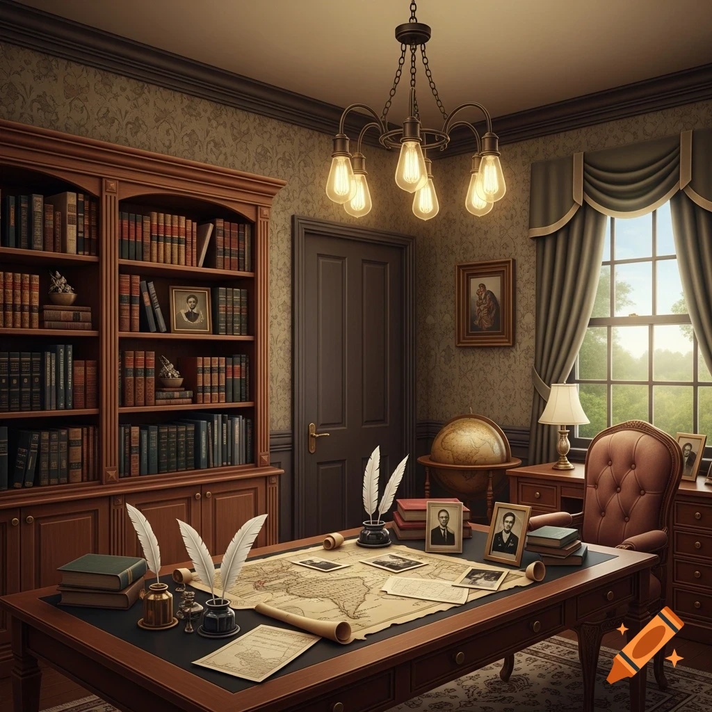 A detailed vintage study featuring a large wooden desk with maps and quills, bookshelves, a leather chair, and a bright window.