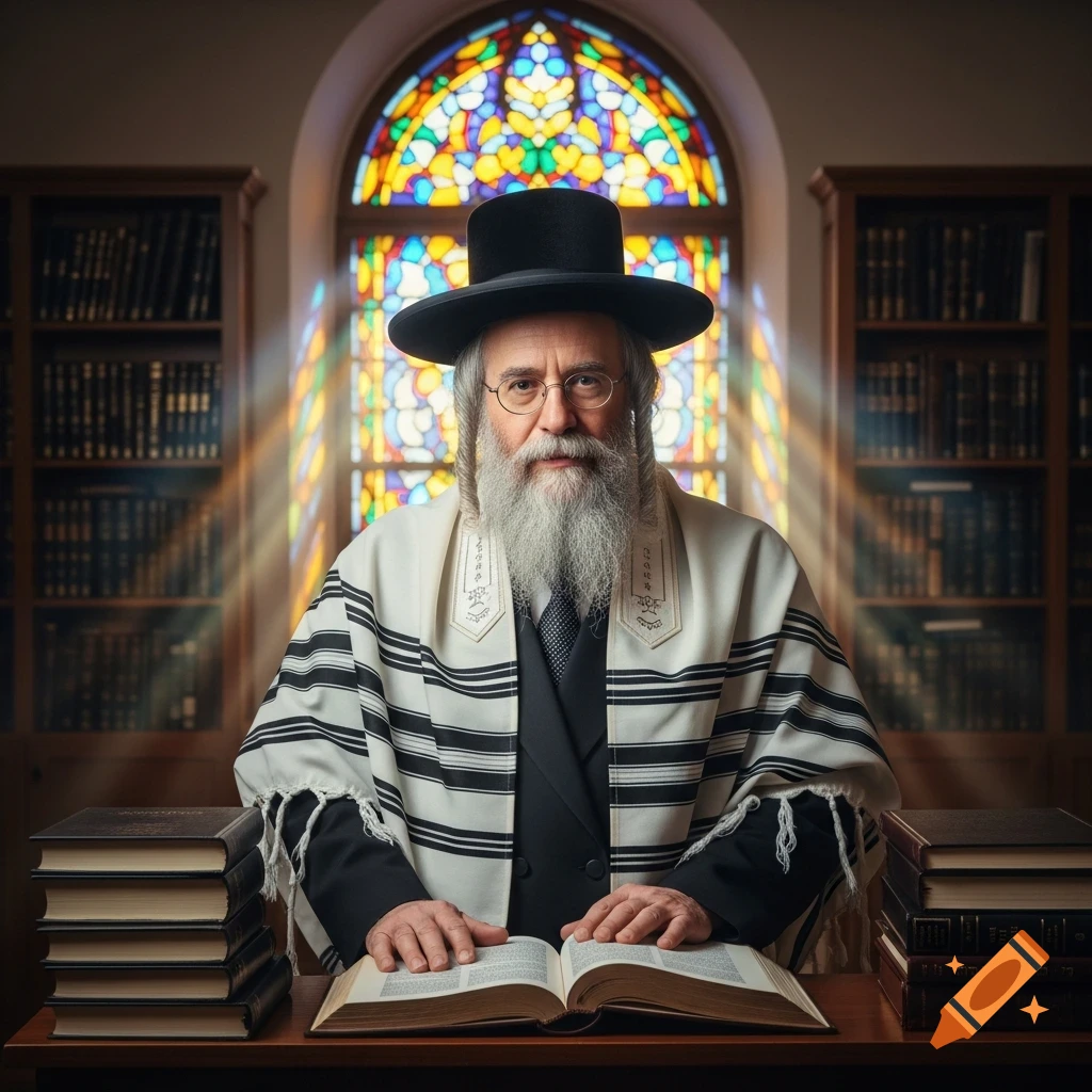 A white-bearded rabbi in traditional attire, wearing a tallit and hat, sits at a desk with an open book in front of a stained-glass window.