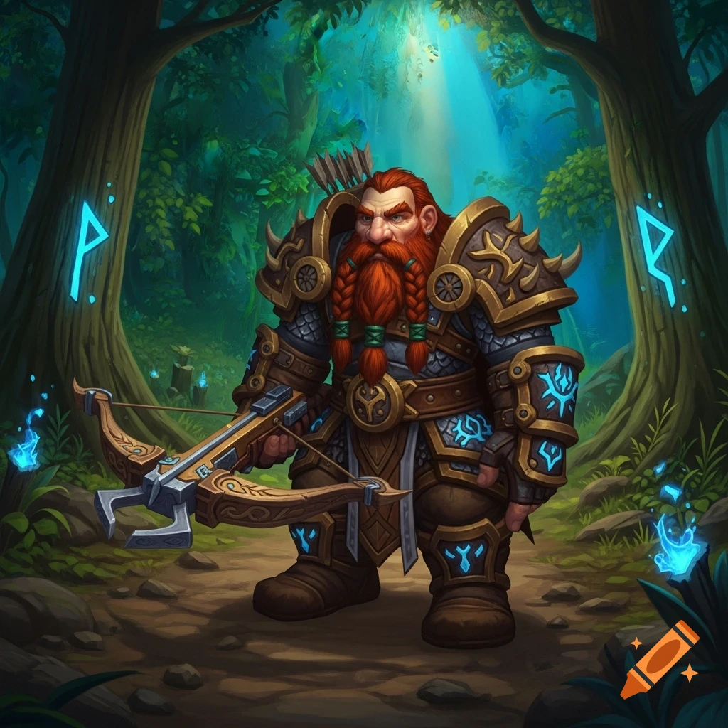 A stylized dwarf hunter with a red beard, armored, holding a crossbow, stands in a mystical forest with glowing runes.
