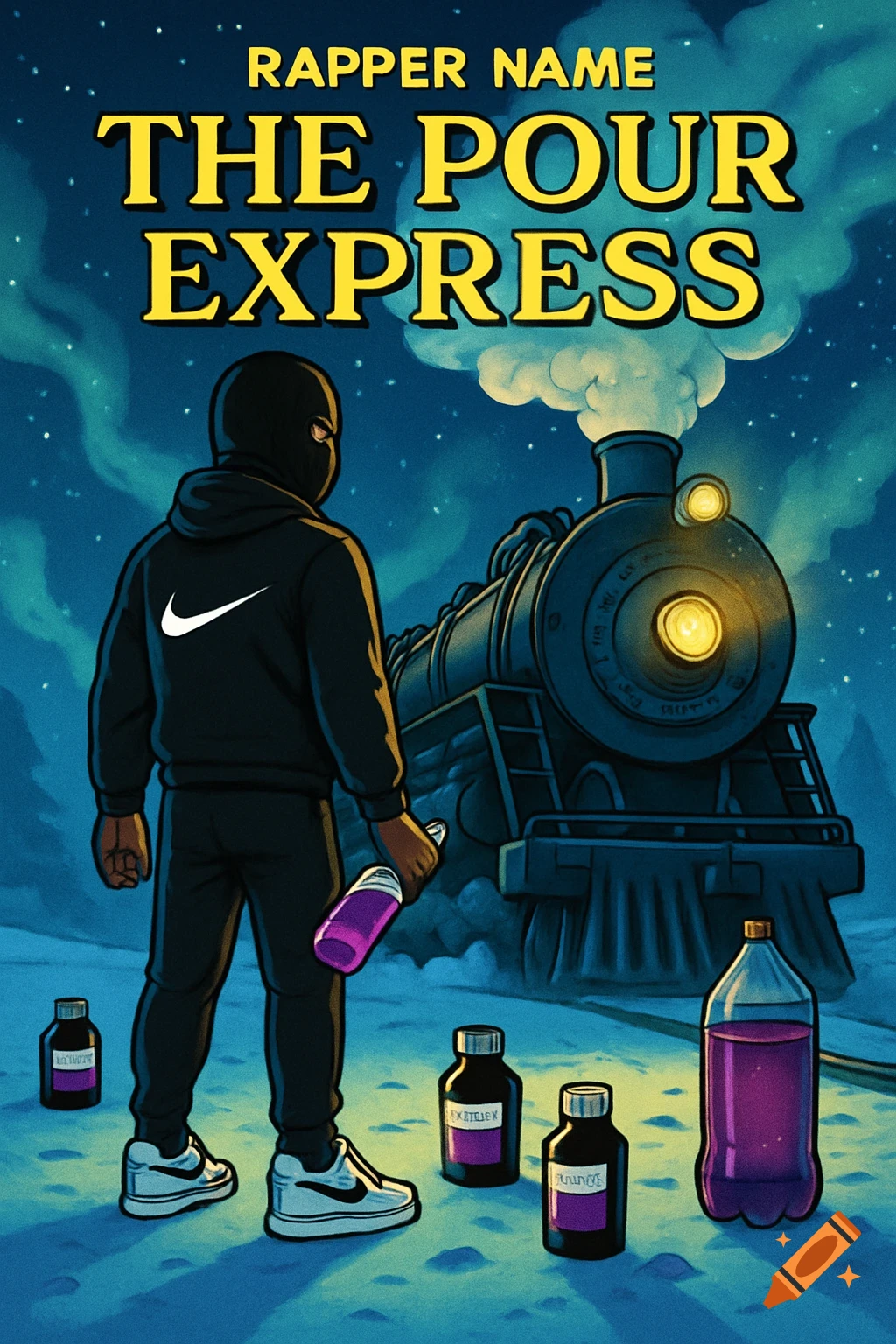 A cartoon album cover features a person in a ski mask and black Nike suit holding a purple liquid bottle, standing by a train. More purple liquid bottles are around them. The title "RAPPER NAME THE POUR EXPRESS" is at the top.