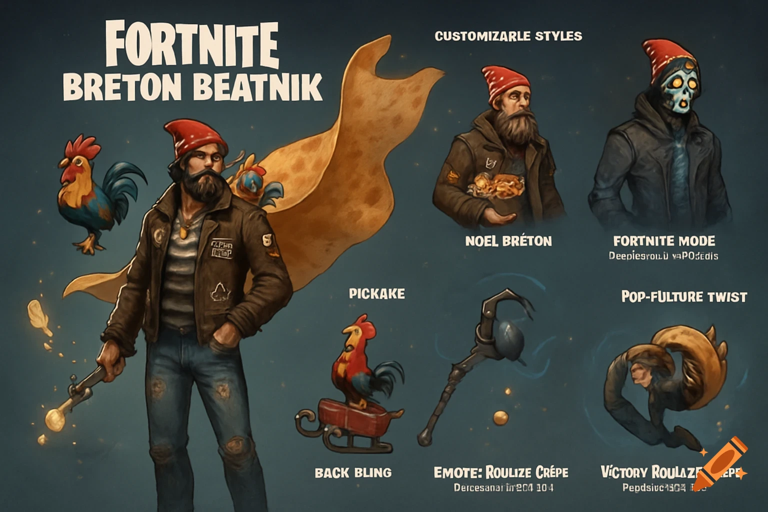 Fortnite skin concept art for "Breton Beatnik" with customizable styles and items, featuring a man with a beard and red hat, a chicken, and various gear, in a stylized, illustrative art style.