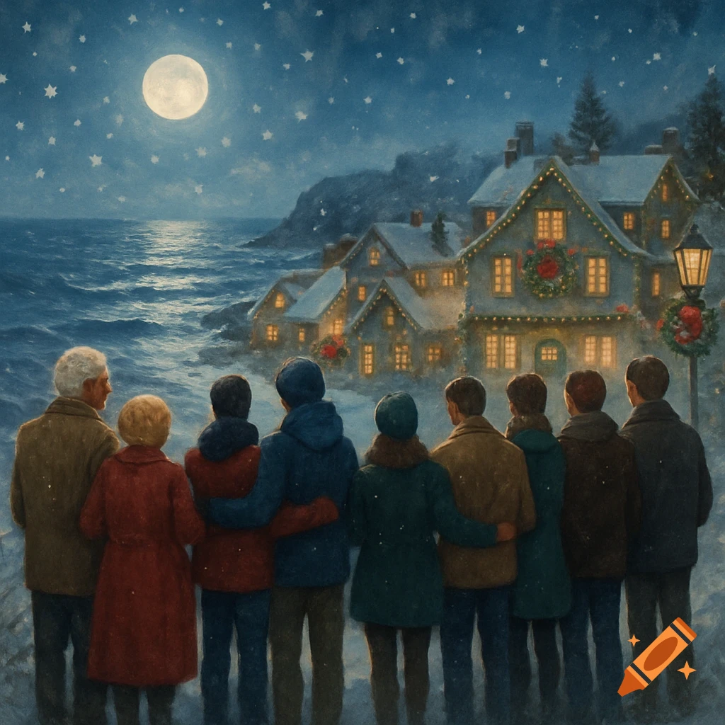 Painting of nine people in winter coats, viewed from behind, looking at a moonlit, snowy coastal village decorated for Christmas.