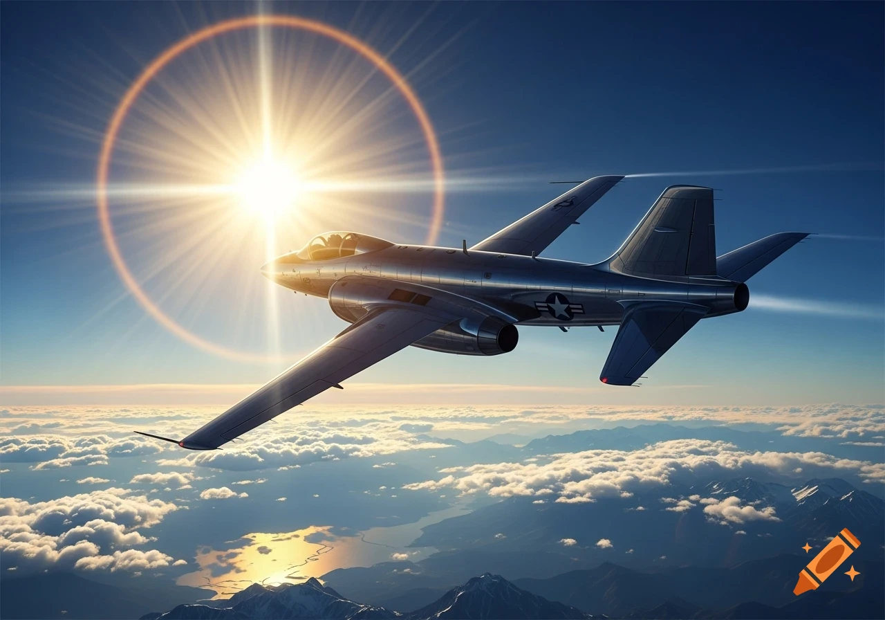 A silver jet aircraft with US military star insignia flies high above clouds and snow-capped mountains, with a bright sun and halo behind it.