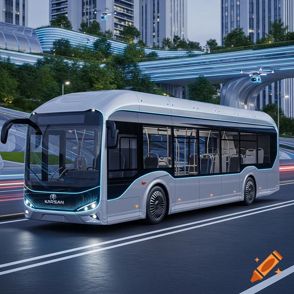 A futuristic silver Karsan bus drives on a road through a modern city with glowing blue lights and flying drones.