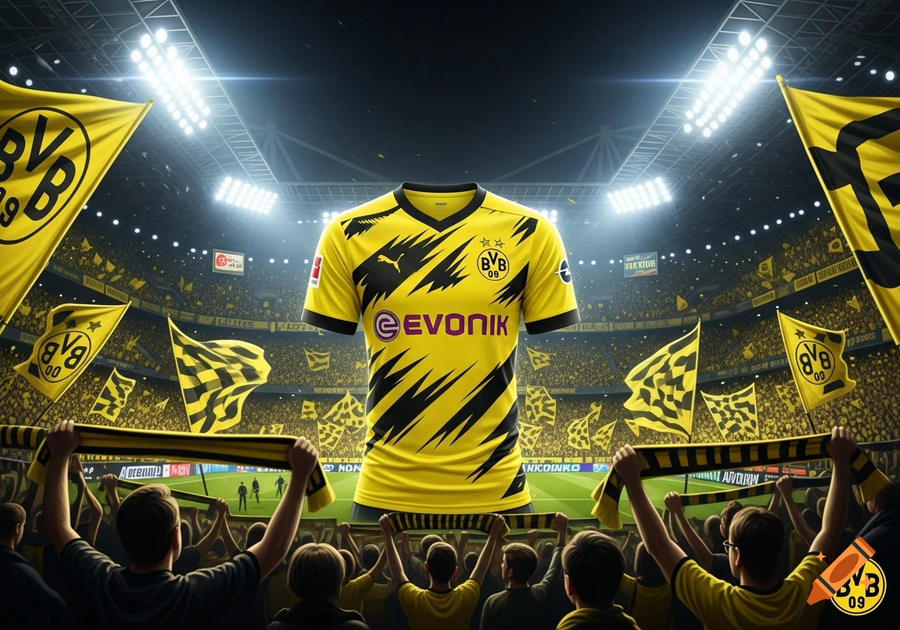 Photorealistic image of a yellow and black Borussia Dortmund football jersey floating above a packed stadium filled with cheering fans, flags, and bright lights.