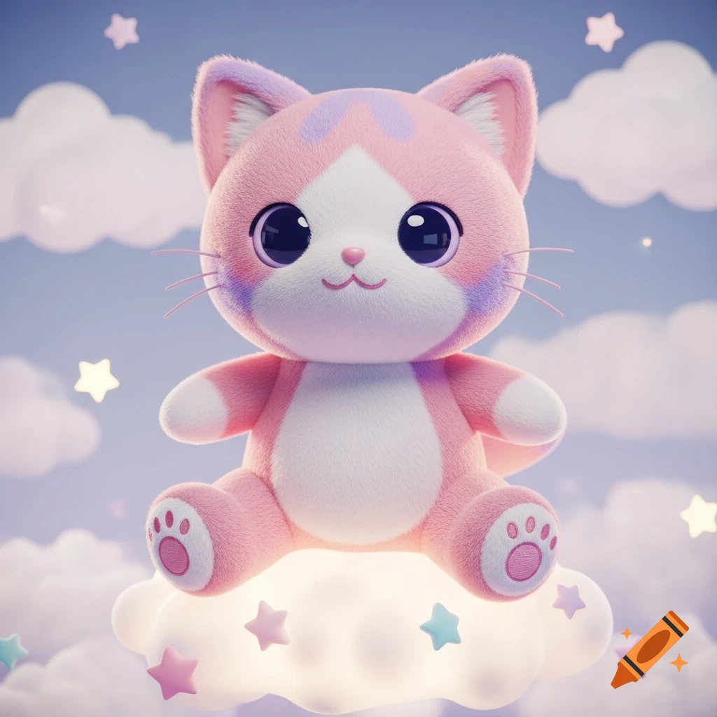 A fluffy pink and white kawaii cat plushie with large dark eyes sits on a glowing cloud, surrounded by pastel stars and soft clouds in a blue sky.