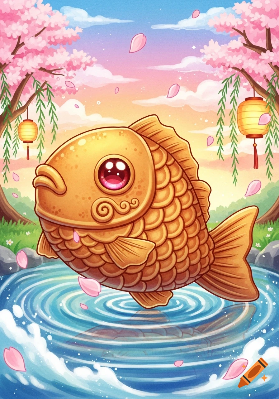 A cute, stylized taiyaki (fish-shaped dessert) with large pink eyes jumps out of a pond, surrounded by falling cherry blossom petals, with cherry trees and traditional lanterns in the background, in a pastel illustration style.