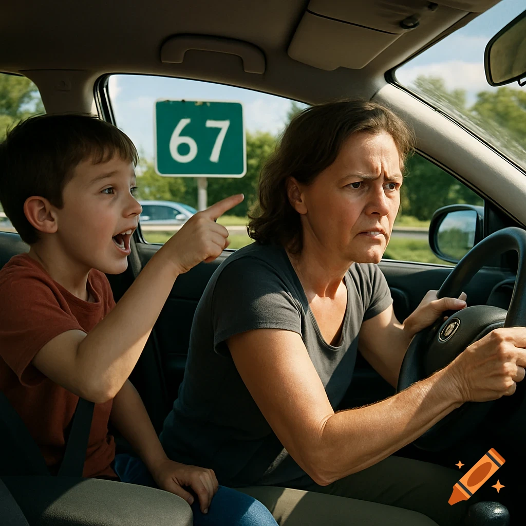 A woman drives a car, looking concerned, as a child points out the window past a green '67' sign.