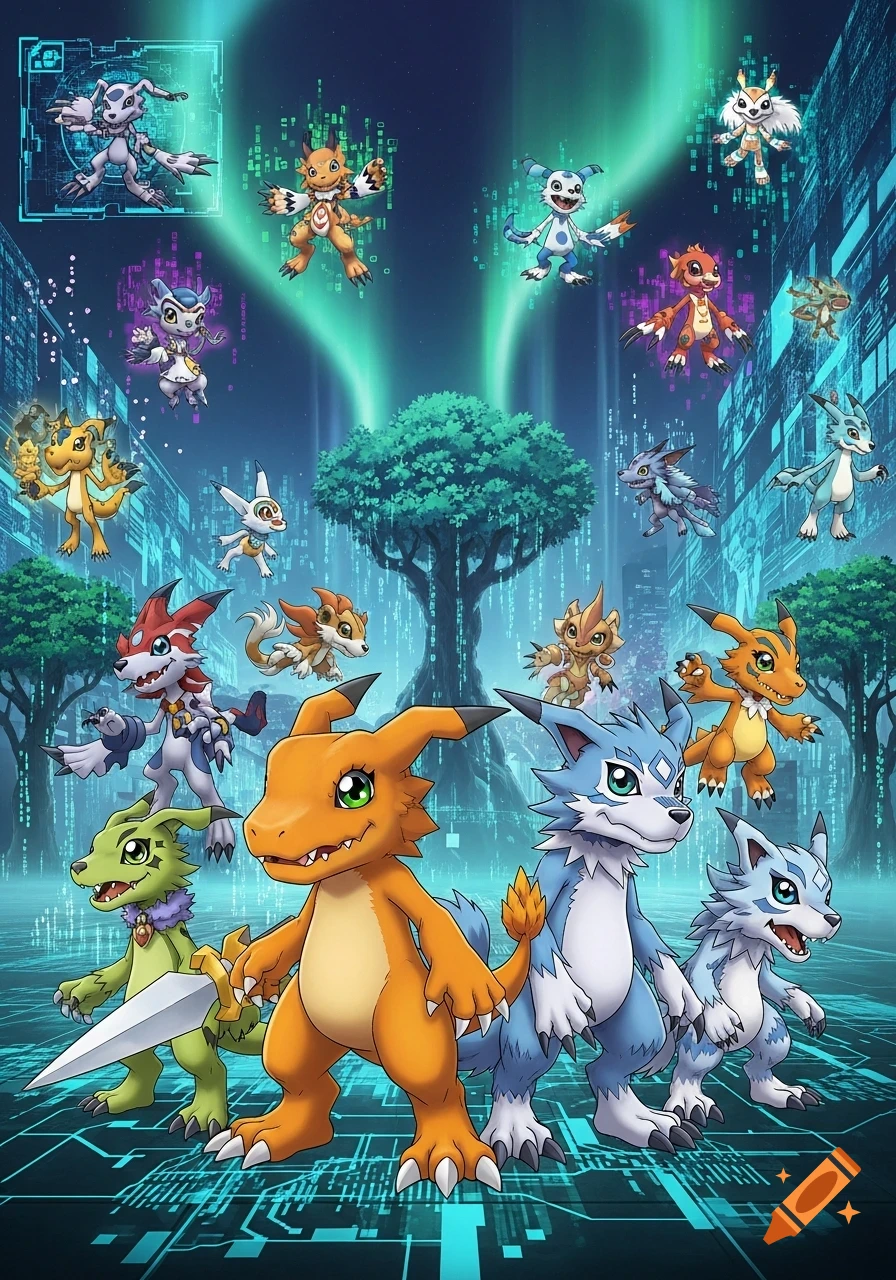 A vibrant illustration of numerous Digimon characters, including Agumon and Gabumon, in a digital cityscape with a glowing tree and aurora.