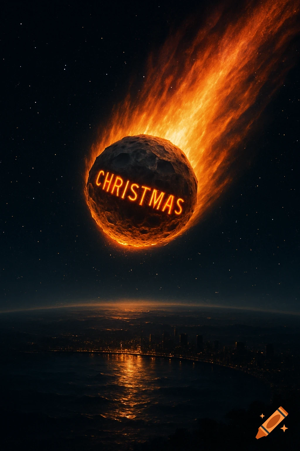 A giant asteroid labeled 'CHRISTMAS' with a fiery tail plunges towards Earth's glowing city lights at night.