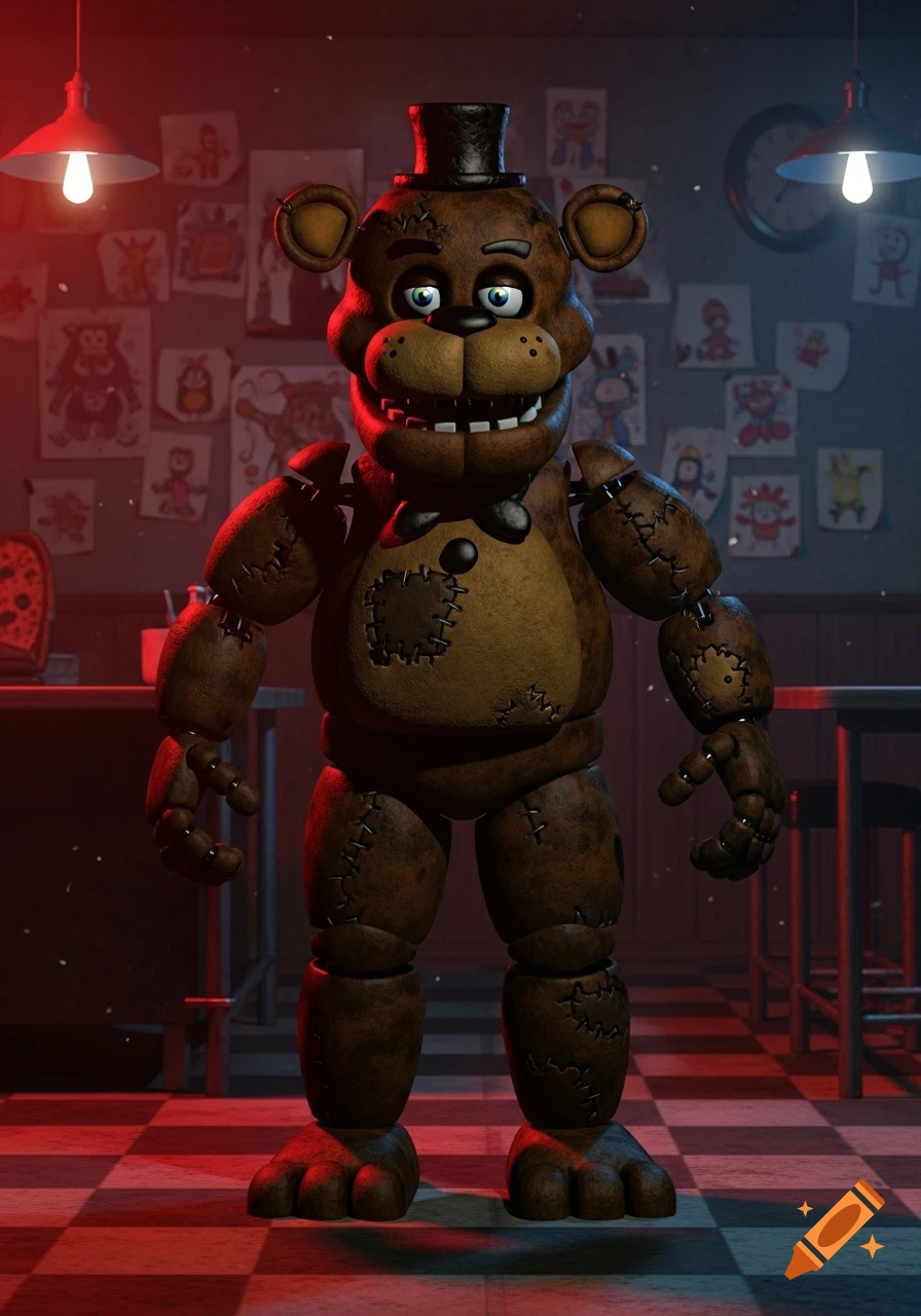 Detailed 3D render of Freddy Fazbear, the brown animatronic bear from Five Nights at Freddy's, standing in a dimly lit room with children's drawings on the wall.
