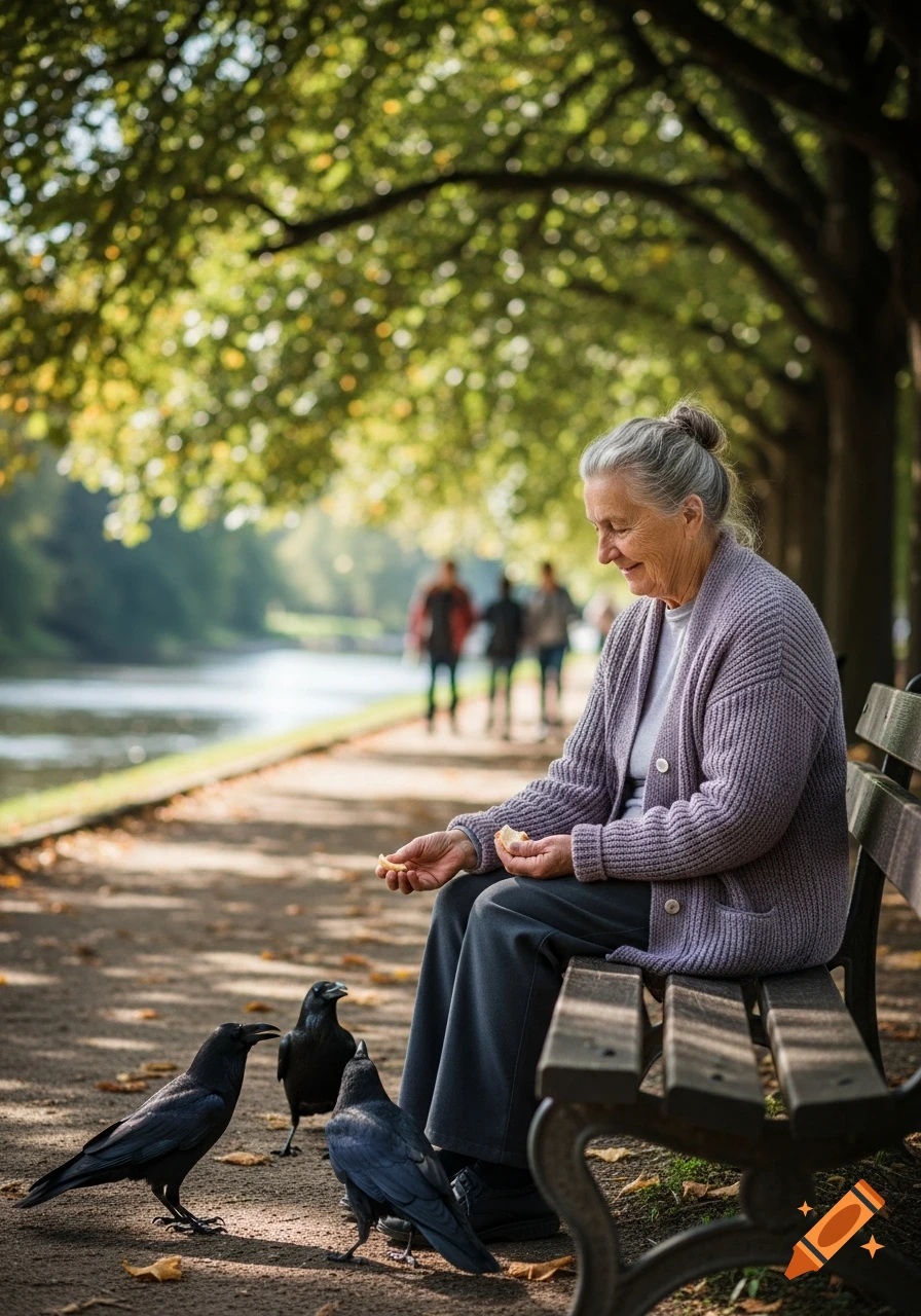 An older woman with gray hair sits on a park bench, smiling as she feeds bread to three black crows near a canal under leafy trees.
