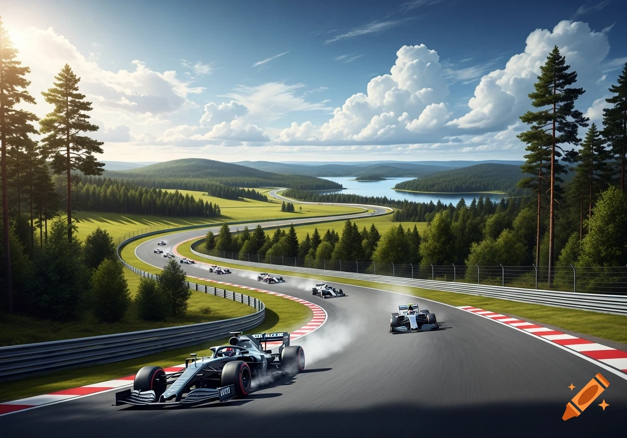 Several Formula 1 race cars speed around a winding track through a green valley with forests and a lake under a sunny, cloudy sky.