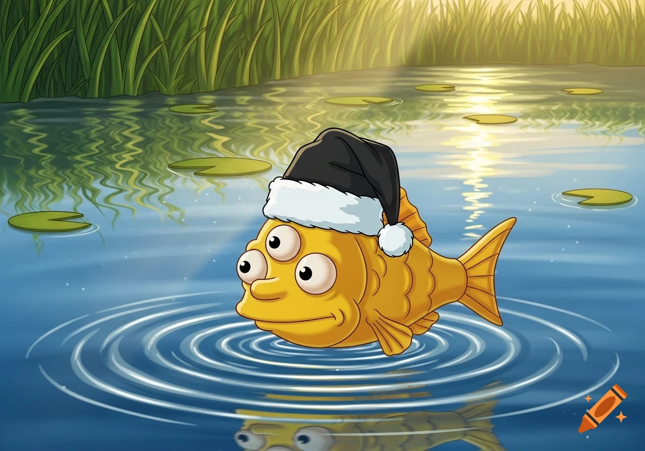 A cartoon three-eyed yellow fish wearing a black Santa hat surfaces in a pond with lily pads and grass.