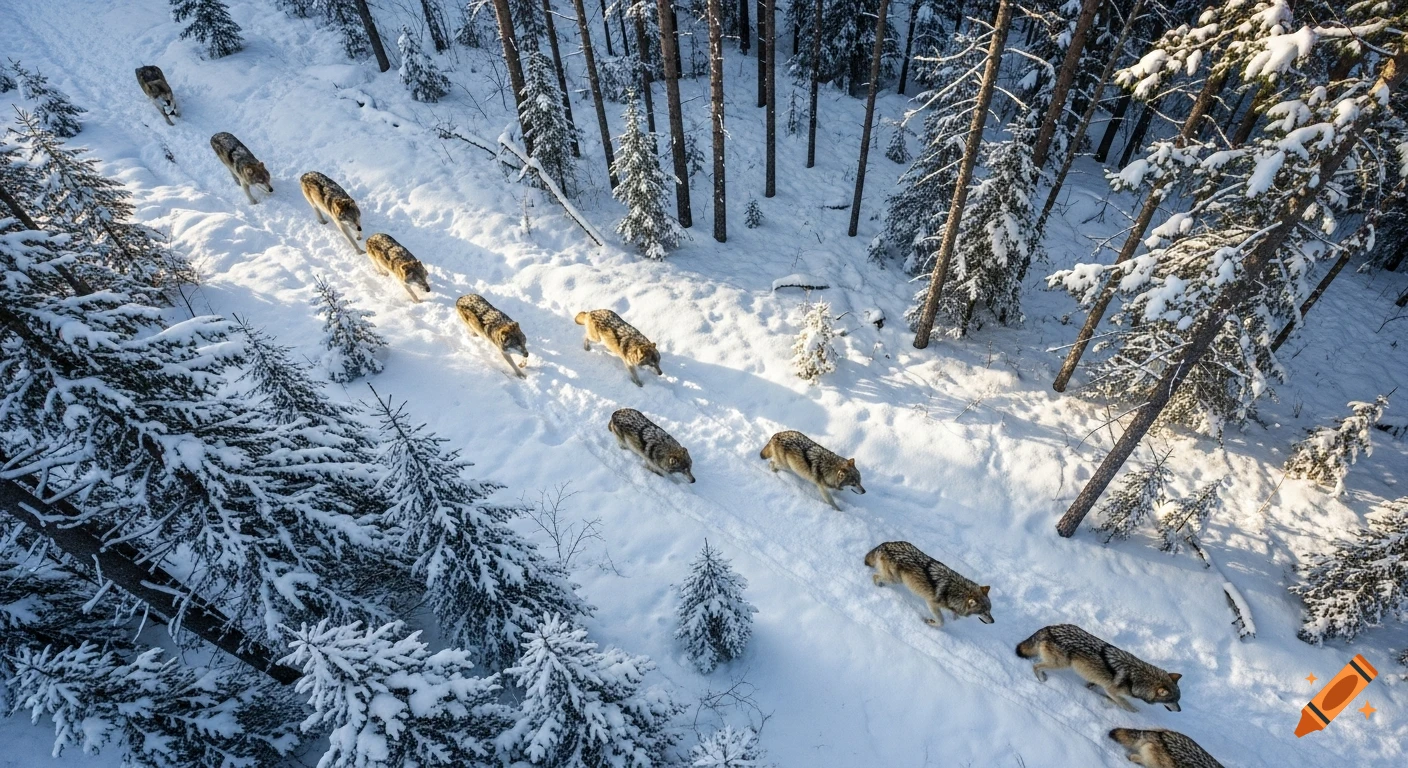 A photorealistic, high-angle view of a pack of wolves walking in a line through a snowy forest.