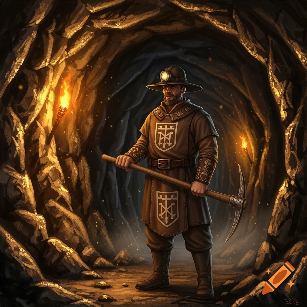 A bearded miner in a hat and tunic with symbols, holding a pickaxe, stands in a torch-lit golden cave.