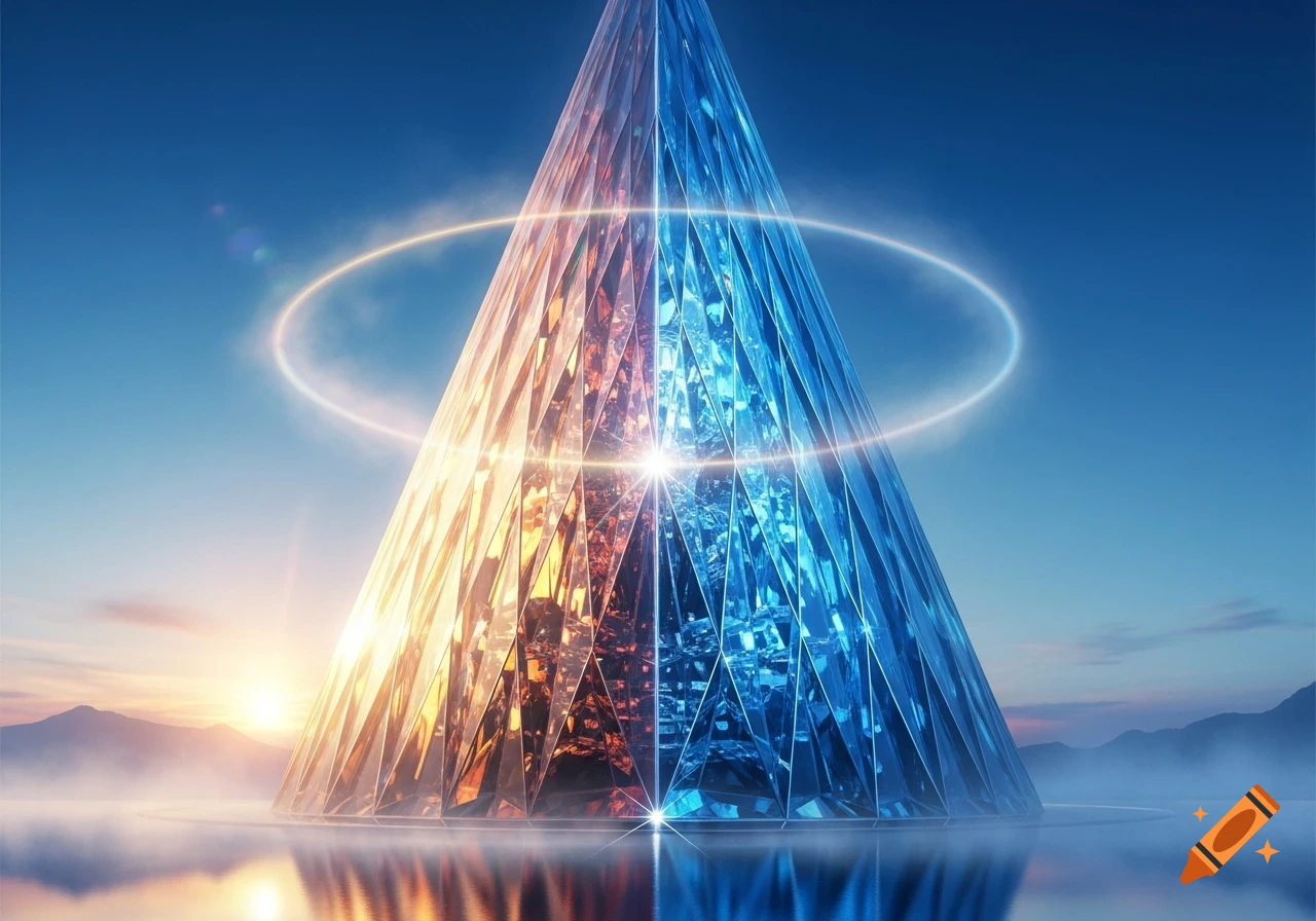 A giant, multifaceted crystal cone with a glowing ring, reflecting an orange sunset on one side and a blue sky on the other, standing on water.