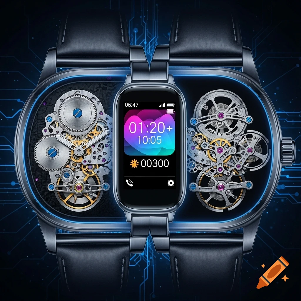 A hybrid watch with a central smartwatch screen and visible mechanical gears on both sides, against a circuit board background.