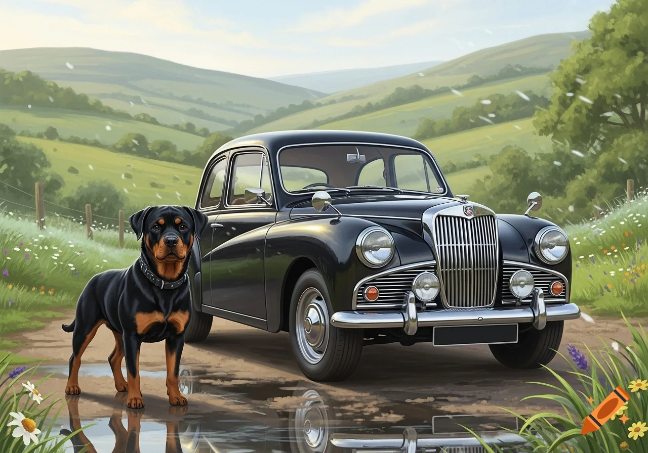 A black and tan Rottweiler stands on a dirt path next to a classic black car in a green, hilly countryside with wildflowers.